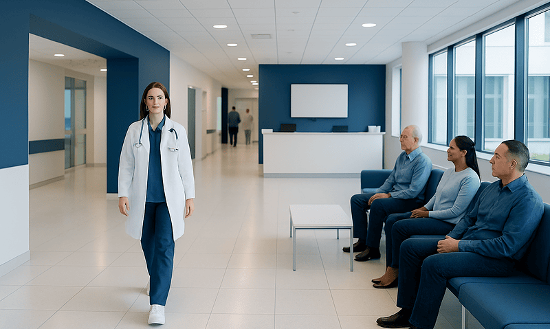 Healthcare professional walking in hospital corridor with patients seated nearby.
