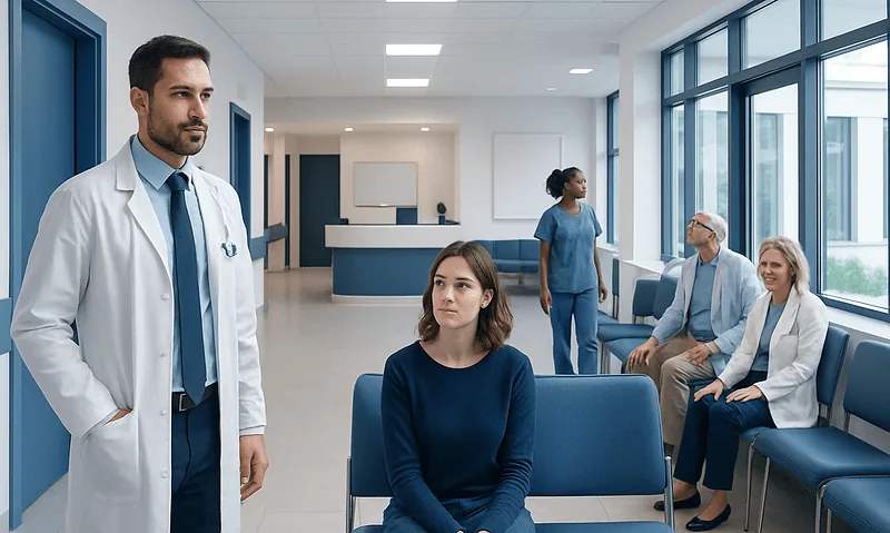 Doctor speaking with patient in hospital waiting area.