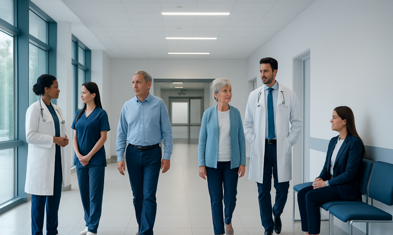 Medical team and patients in hospital corridor for healthcare consultation.