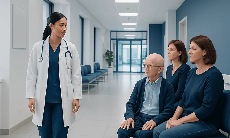 Doctor consulting elderly patients in hospital corridor.