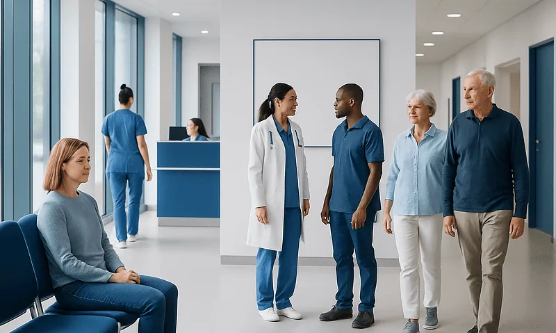 Hospital waiting area with medical staff and patients in a modern facility.