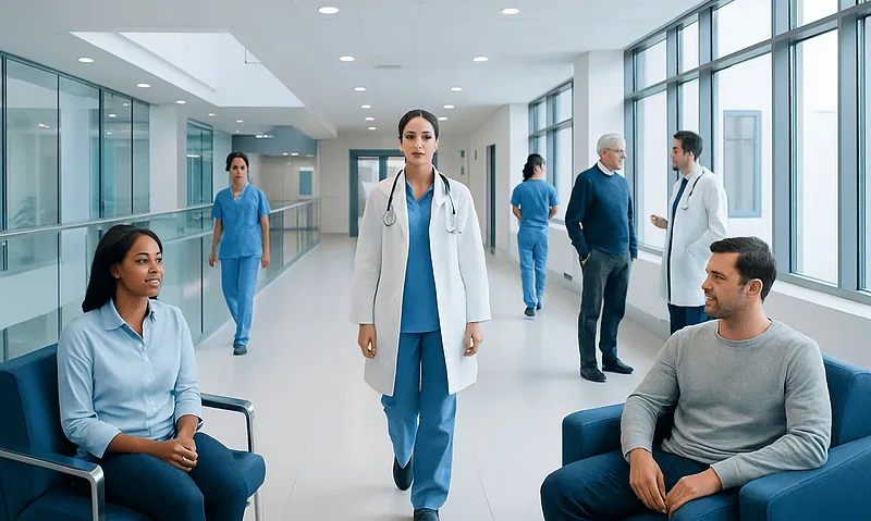 Healthcare professionals and patients in a modern hospital corridor.