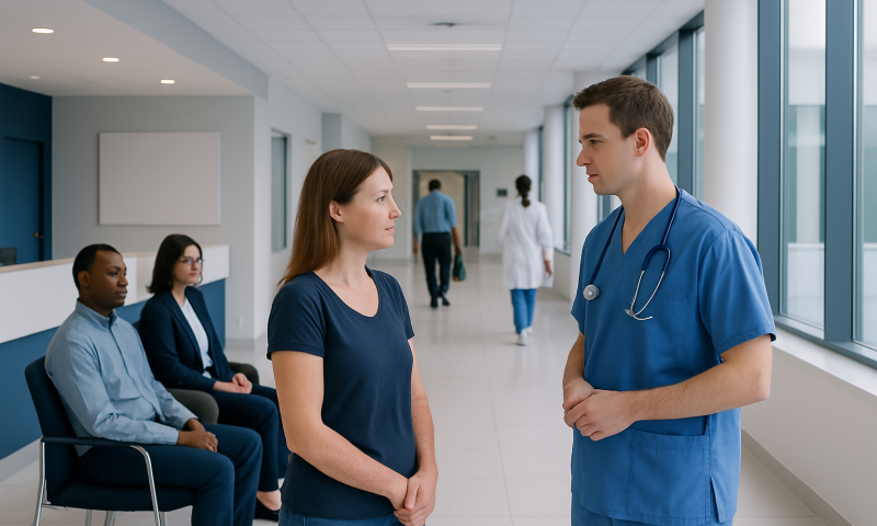 Healthcare professionals discussing patient care in hospital corridor.