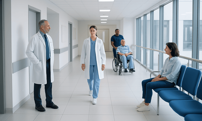 Medical team and patient in hospital corridor with large windows.