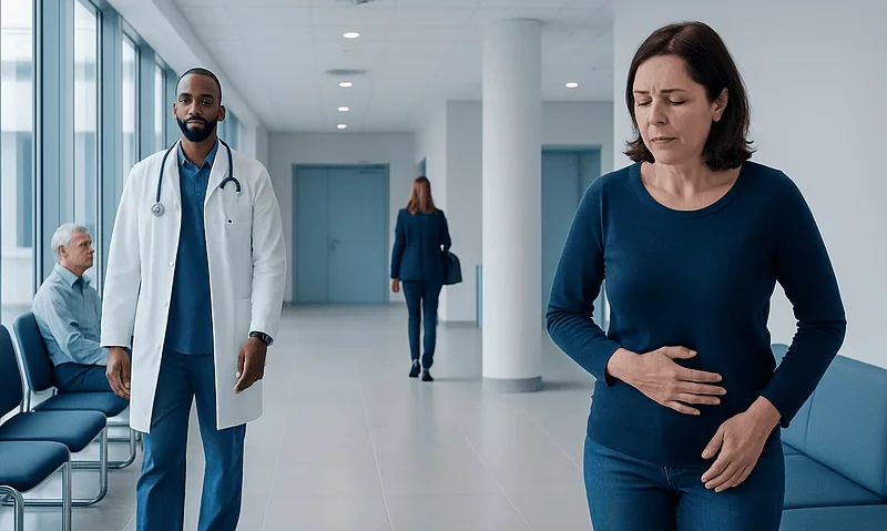 Woman experiencing stomach pain in hospital corridor with doctor nearby.