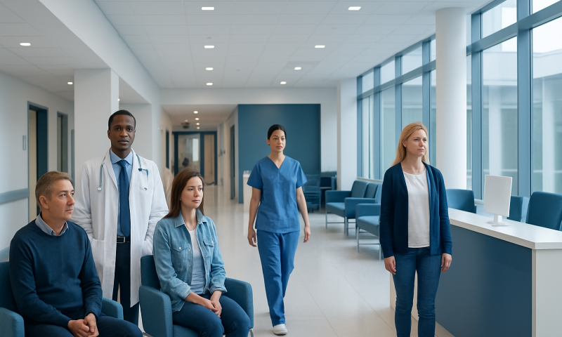 Medical team waiting in a hospital corridor with large windows and modern design.