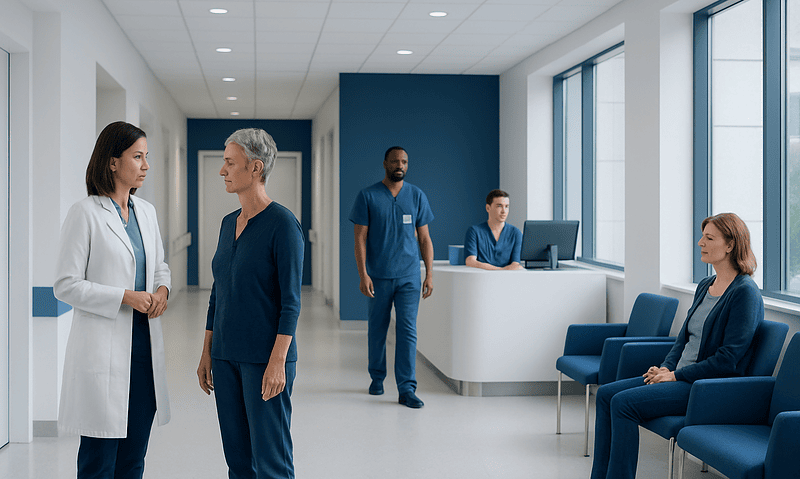 Medical consultation in a modern hospital corridor with healthcare professionals and patients.