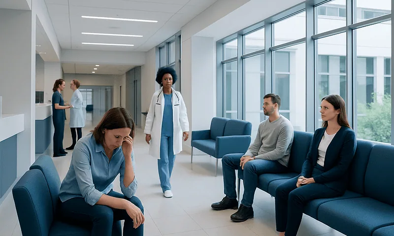 Patient distressed in hospital waiting area with medical staff nearby.