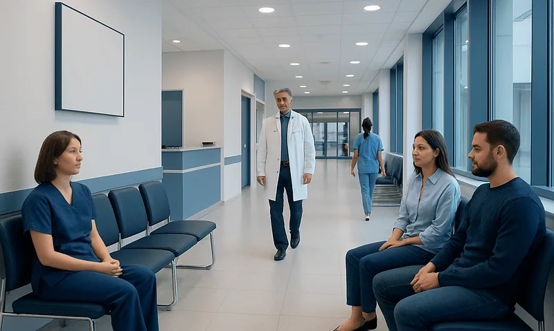 Patients waiting in a hospital corridor for dental consultation.