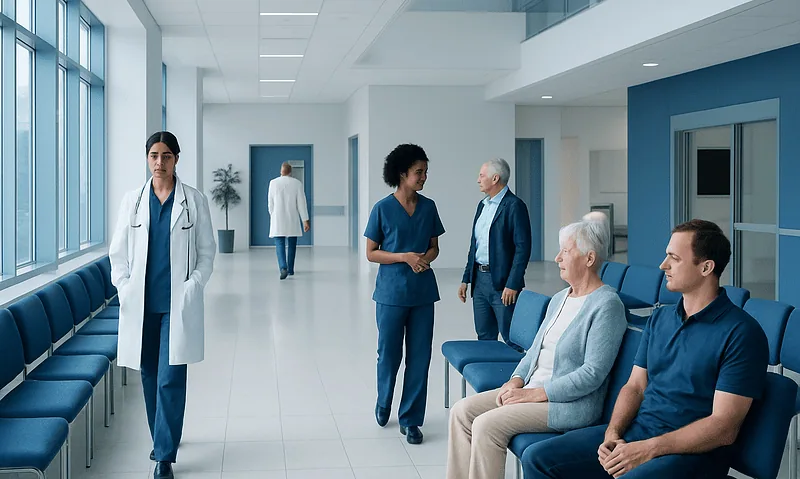 Healthcare professionals and patients in a modern hospital corridor.