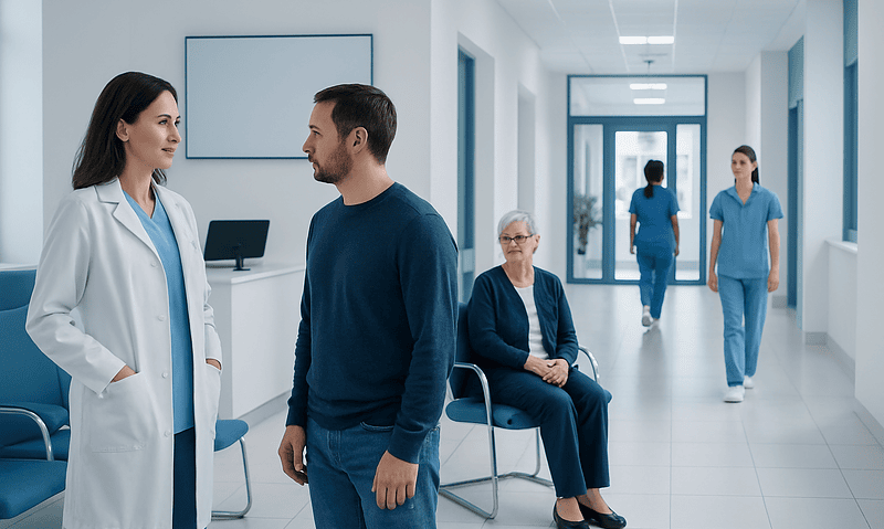 Doctor talking to patient in hospital corridor with staff and patient in background.