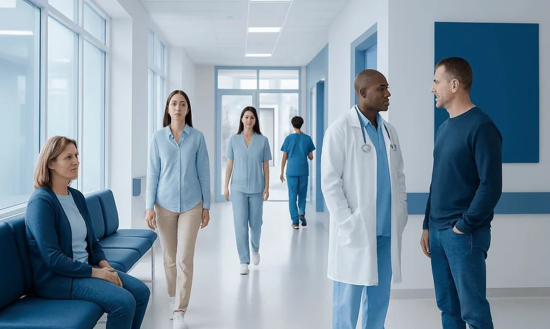 Medical staff and patients in a hospital corridor at Acibadem Hospitals Group.