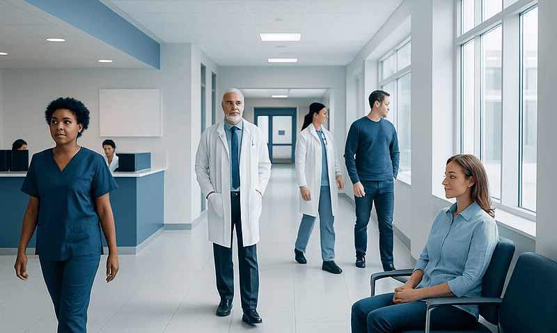 Medical staff and patient in a hospital corridor at Acibadem Hospitals Group.