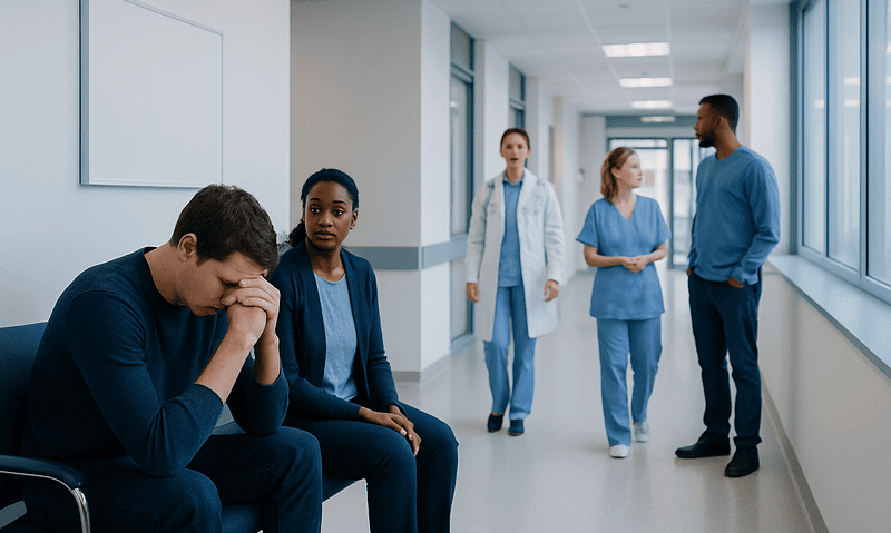 Young man distressed in hospital corridor with medical staff nearby.