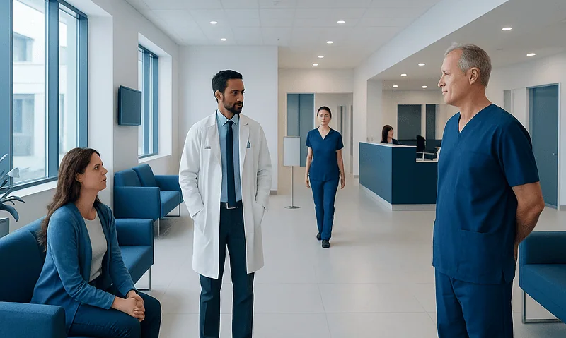 Medical team discussing patient care in hospital lobby.
