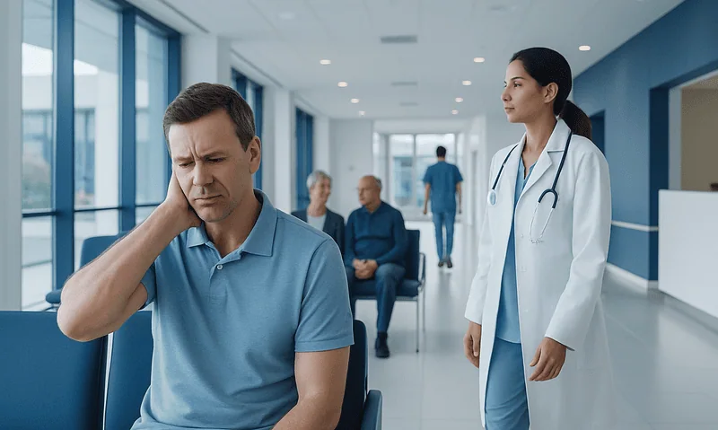 Head Pain and Neck Stiffness: Possible Causes and When to Seek Care 16 Patient experiencing neck pain in a hospital waiting area.
