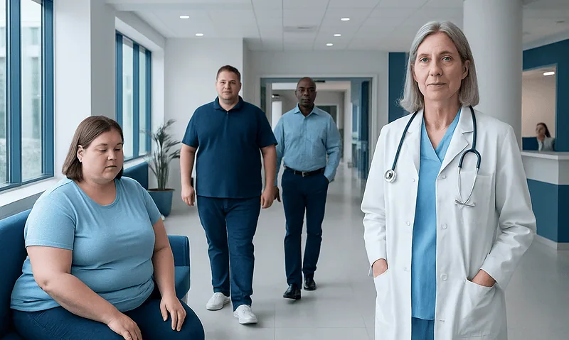 Medical team with a patient in a hospital corridor at Acibadem Hospitals Group.