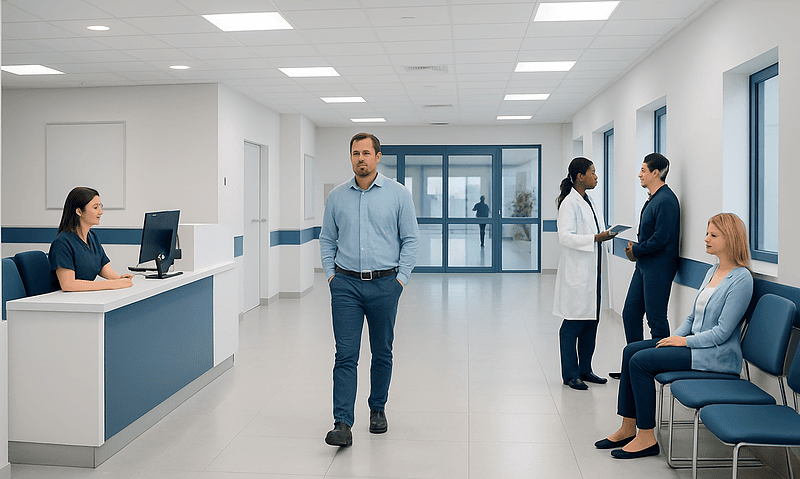 Modern hospital corridor with staff and patients at Acibadem Hospitals Group.