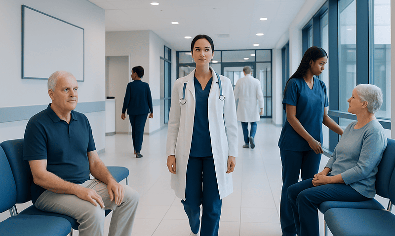 Healthcare professionals and patients in a modern hospital corridor.