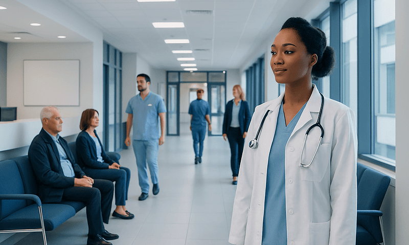 Healthcare professionals and patients in a modern hospital corridor.