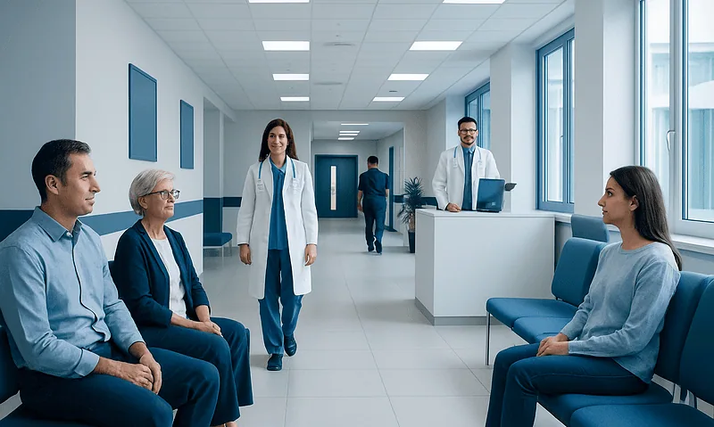 Medical consultation in hospital corridor with doctors and patients.