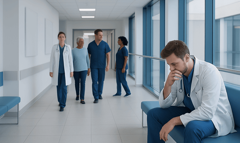 Concerned doctor sitting in hospital corridor with colleagues in background.