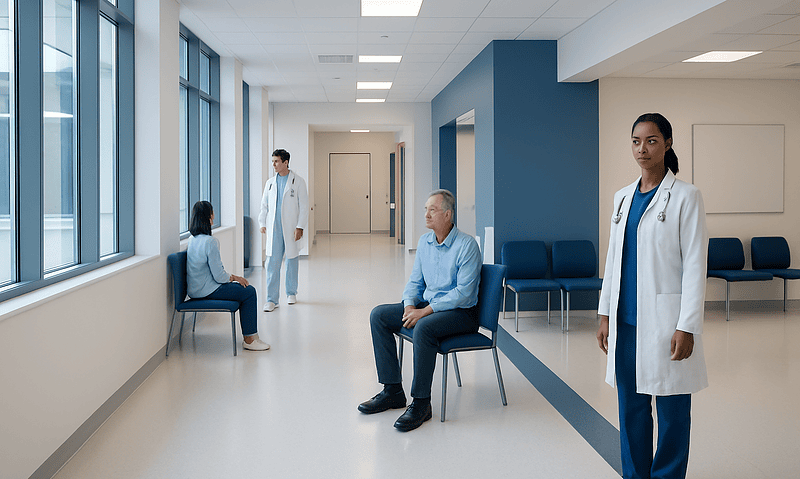 Patients and doctors in a modern hospital corridor at Acibadem Hospitals Group.