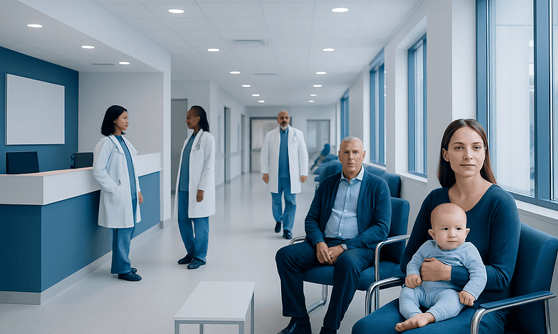Patients waiting in a hospital corridor with medical staff nearby.