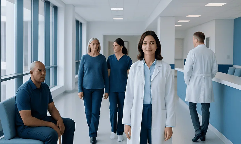 Medical team in hospital corridor with doctor and nurses.