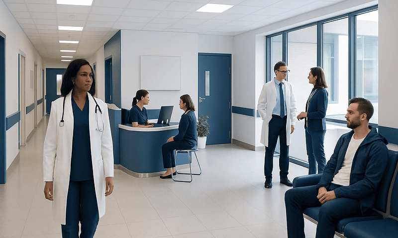 Medical professionals and patients in a modern hospital waiting area.