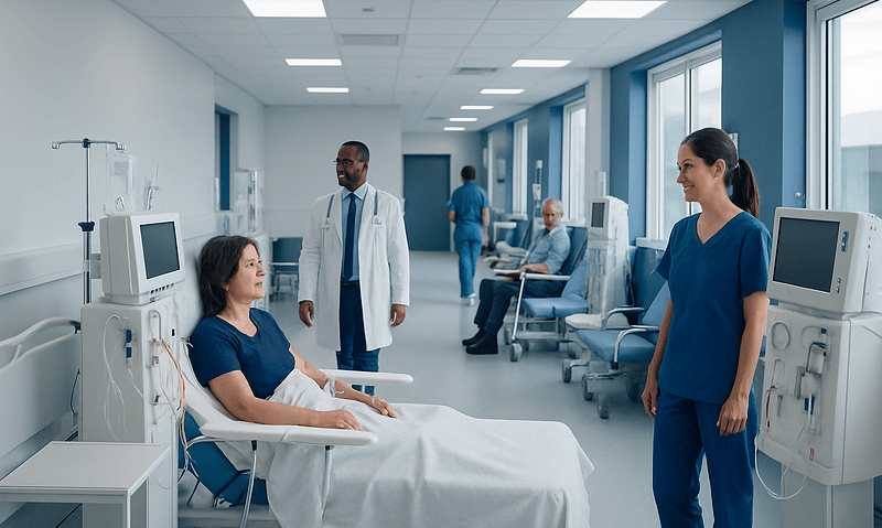 Patient receiving hemodialysis treatment in a hospital clinic.