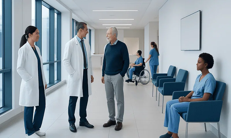 Medical team consulting with a patient in a hospital corridor.
