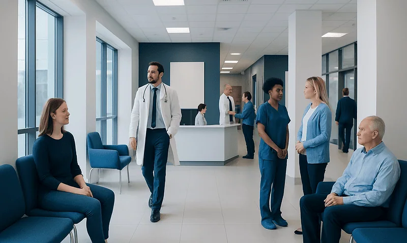 Medical professionals and patients in a modern hospital waiting area.