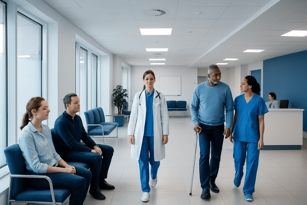 Scarlosis: Diagnosis, Outlook, and Modern Treatment Approaches 1 Medical professionals and patients in a hospital corridor at Acibadem Hospitals Group.