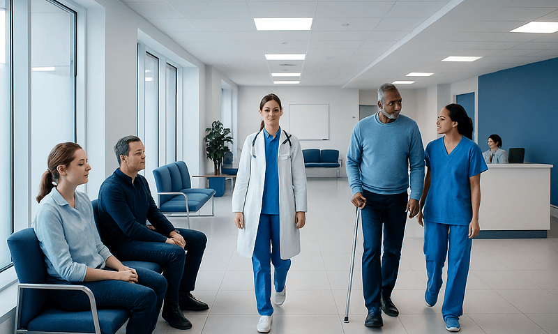Medical professionals and patients in a hospital corridor at Acibadem Hospitals Group.
