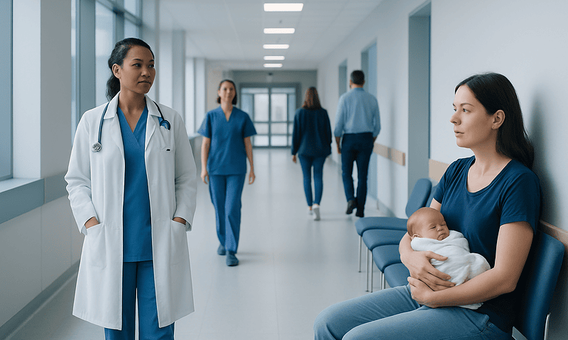 Postpartum Preeclampsia: A Complete Medical Overview 6 Hospital corridor with medical staff and a mother holding a newborn.