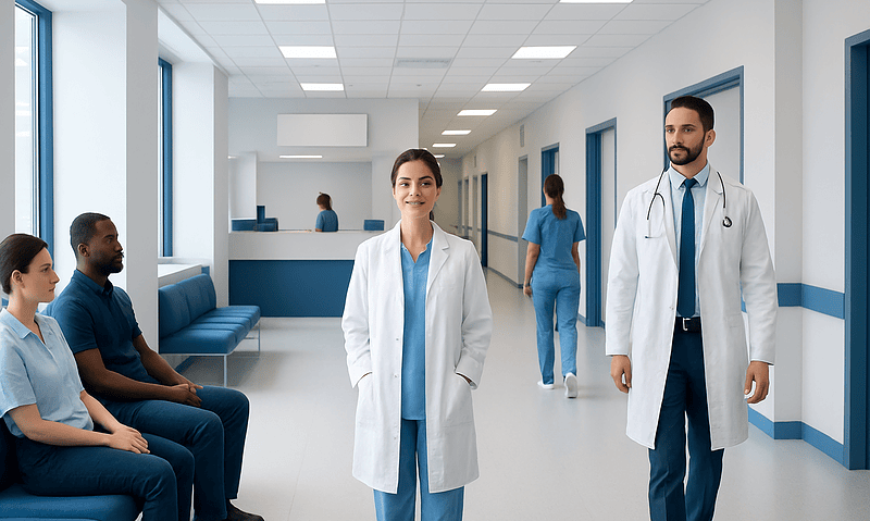 Medical professionals and patients in a modern hospital corridor.