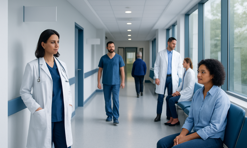 Medical team in hospital corridor with patients and staff.
