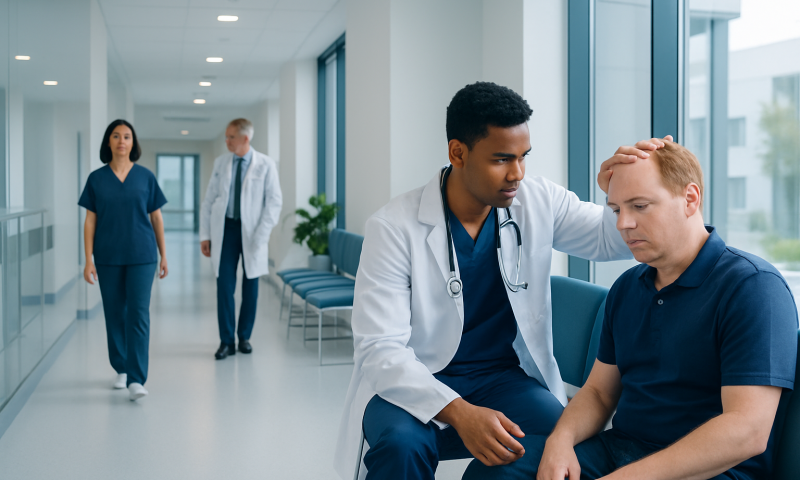 Doctor examining a patient in a hospital corridor for head injury.
