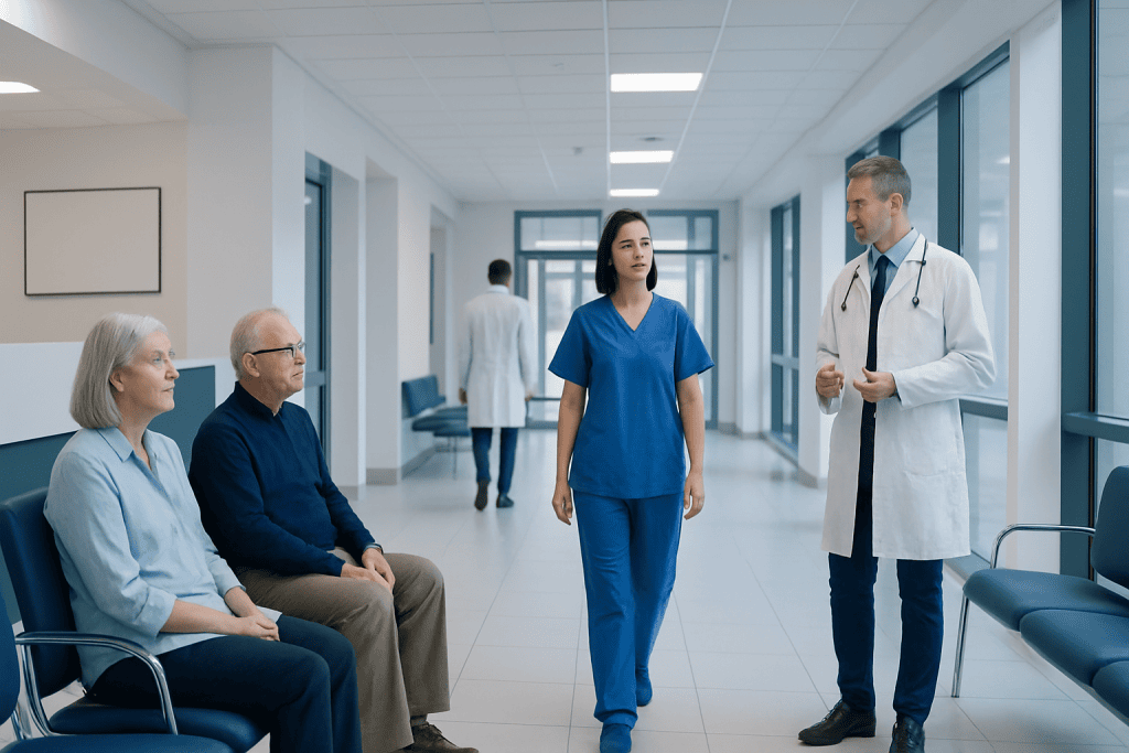 Amaurosis Fugax: Symptoms, Causes, and Treatment Options 1 Medical team consulting elderly patients in hospital corridor.