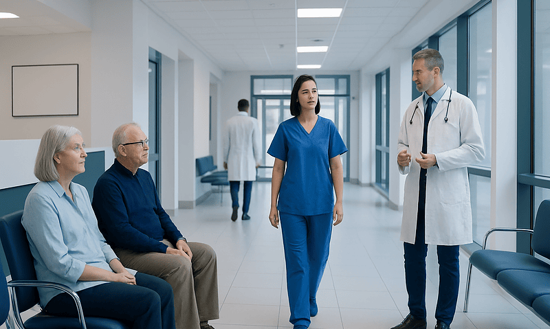 Medical team consulting elderly patients in hospital corridor.