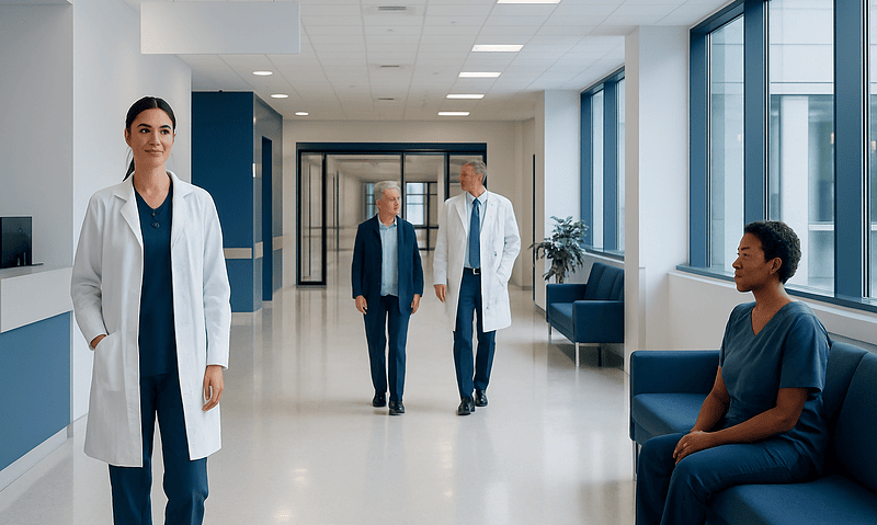 Healthcare professionals and patient in a modern hospital corridor.