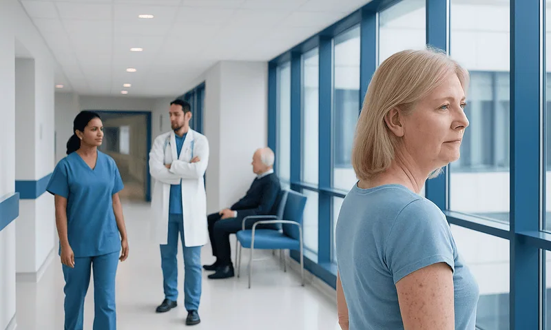 Patient with rash in hospital corridor at Acibadem Hospitals Group.