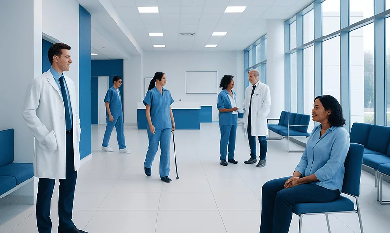 Medical team in hospital corridor with patients and staff.