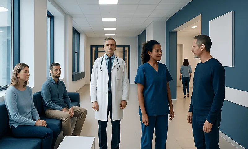 Medical team and patients in a hospital corridor at Acibadem Hospitals Group.