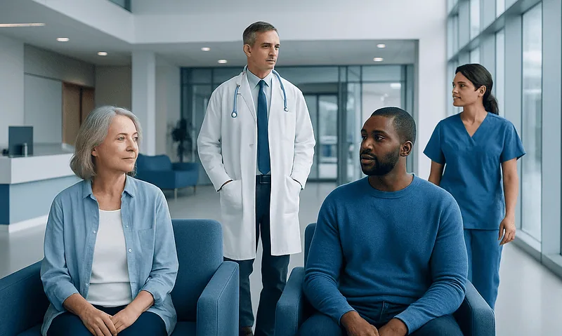 Doctor consulting with diverse patients in hospital lobby.