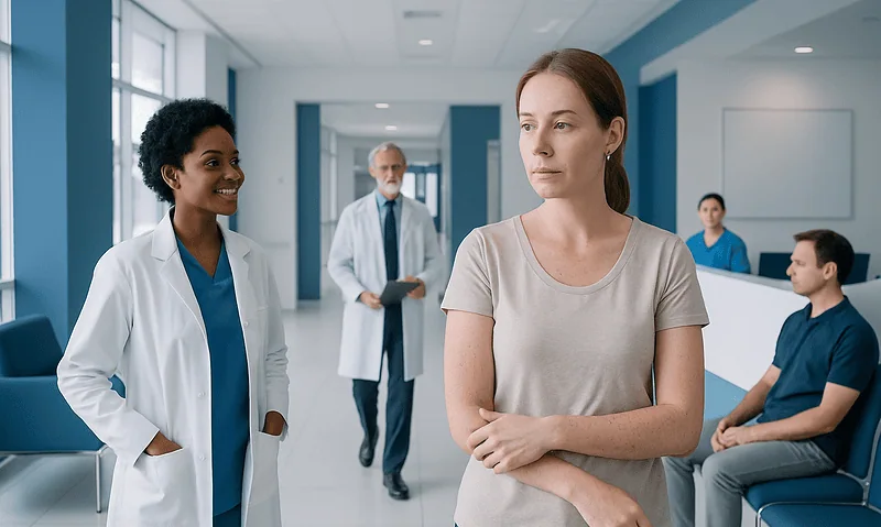 Patient waiting in hospital corridor with medical staff nearby.