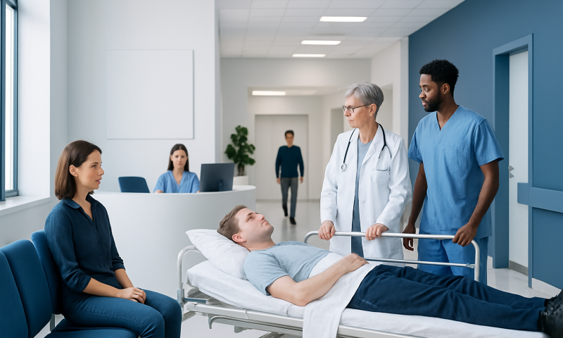 Hospital room with patient and medical staff discussing treatment options.