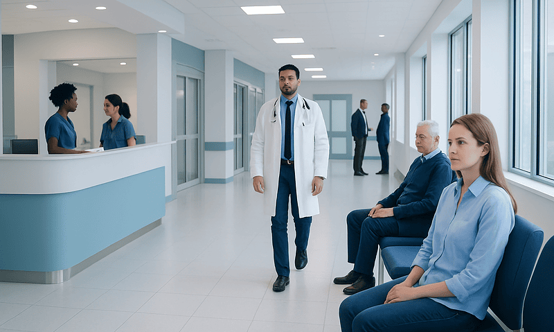 Medical consultation in a modern hospital corridor with doctors and patients.