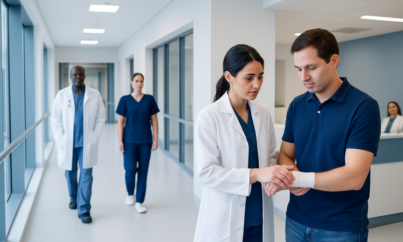 Medical staff treating a patient's wrist in a hospital corridor.